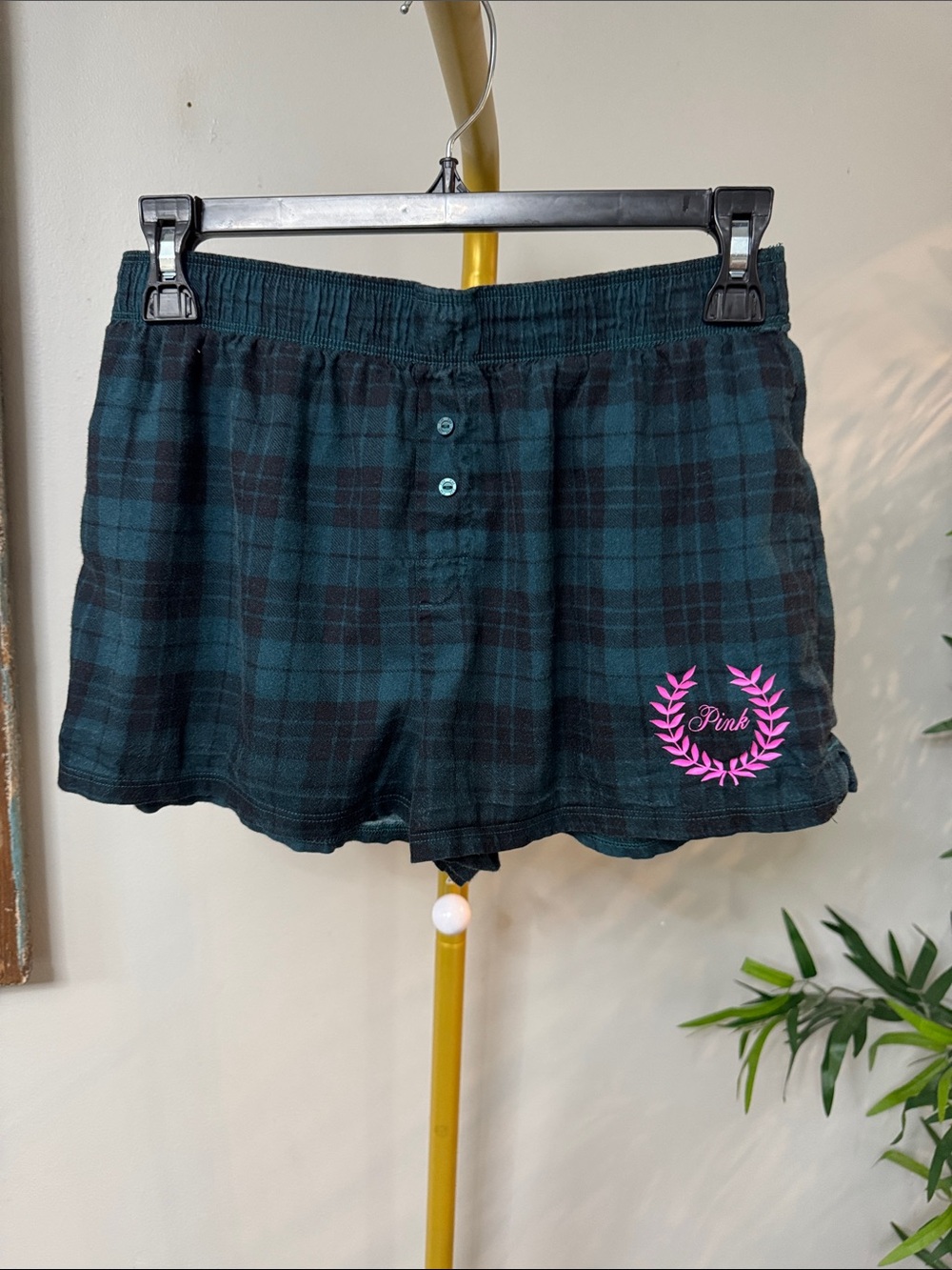 PINK Victoria's Secret Teal and Black Plaid Sleep Shorts with Pink Logo